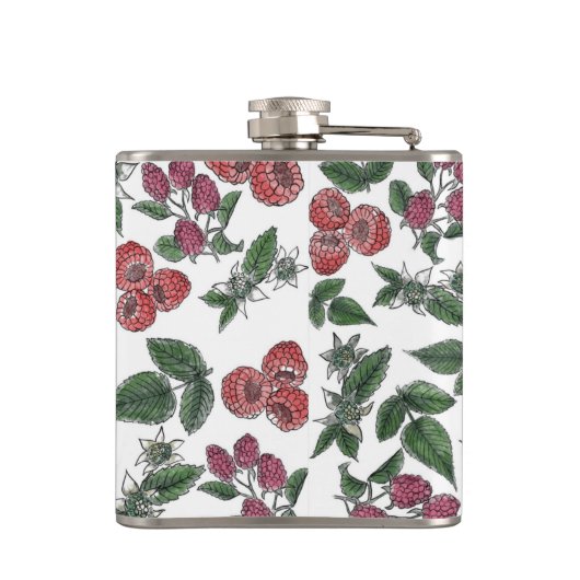 Raspberry Fruit Leaves Illustration Pattern Flachmann (Rückseite)