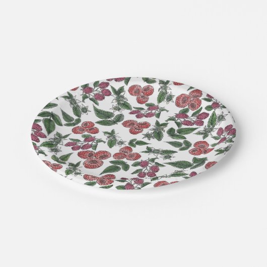 Raspberry Fruit Leaves Illustration Pattern Pappteller (Schrägansicht)