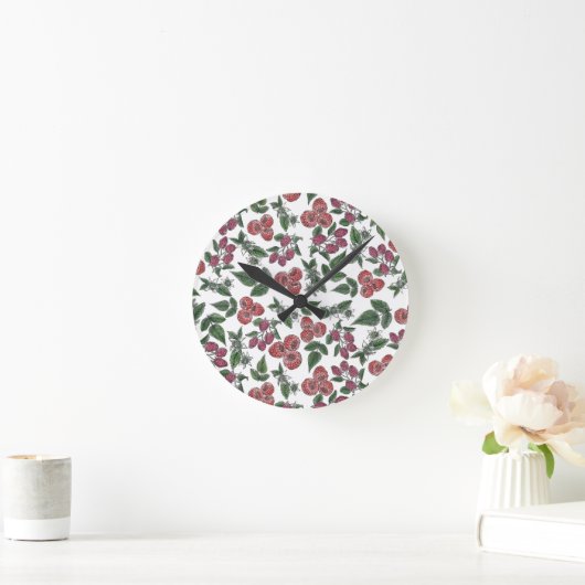 Raspberry Fruit Leaves Illustration Pattern Runde Wanduhr (Zuhause)