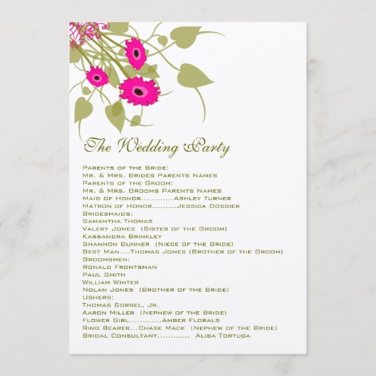 Raspberry Gerbers Wedding Program Programm (Rückseite)