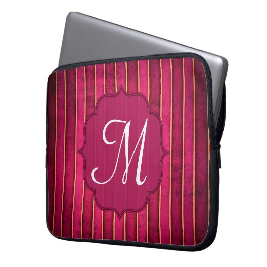 Raspberry Gold Stripe Mod Monogram 15" Notebook-Ge Laptopschutzhülle (Vorderseite Links)