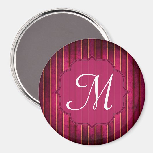 Raspberry Gold Stripe Mod Monogram Initial Magnet (Vorderseite/Rückseite)