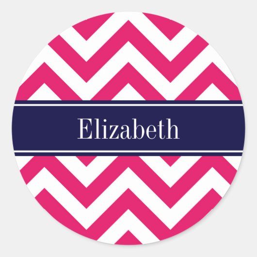 Raspberry Lg Zickzack Navy Name Monogram Runder Aufkleber (Vorderseite)