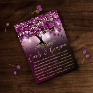 Raspberry Lila Herzblatt Baum Goldene Hochzeit Folieneinladung