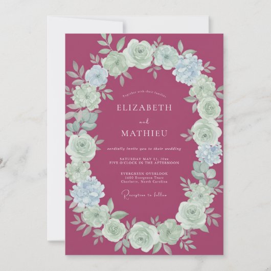 Raspberry-Minz-Pfingstrosen-Hochzeit Einladung (Vorderseite)