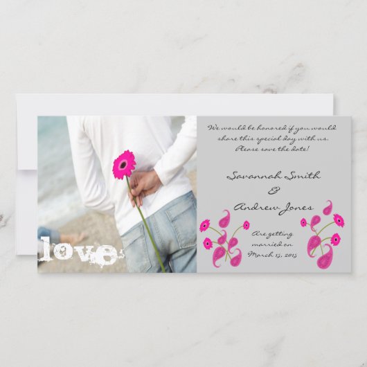 Raspberry Paisley & Gerbers auf Grau Save the Date (Vorderseite)