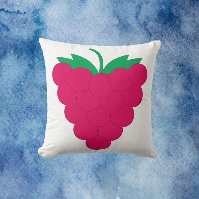 Raspberry Pink Fruit Berry  Kissen (A throw pillow with a graphic of a pink raspberry with a green stem.)