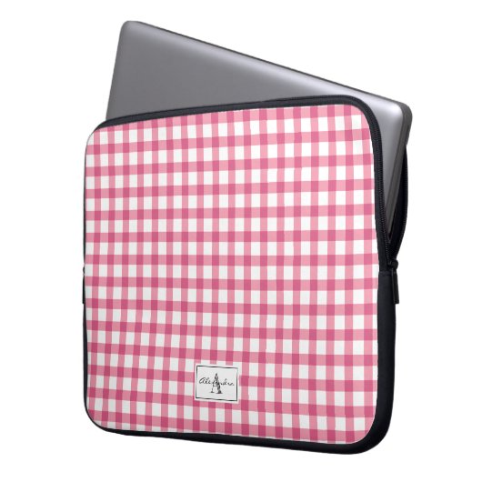 Raspberry Pink Gingham Kariert Pattern Monogram Laptopschutzhülle (Vorderseite Links)