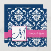 Raspberry Pink Navy Blue Damask Einladung (Vorne/Hinten)