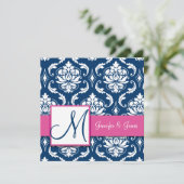 Raspberry Pink Navy Blue Damask Einladung (Stehend Vorderseite)