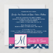 Raspberry Pink Navy Blue Damask Einladung (Rückseite)