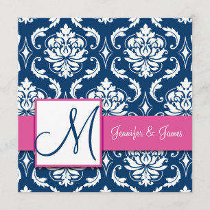 Raspberry Pink Navy Blue Damask Einladung