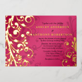 Raspberry Pink Real Gold Foil Blumenzwiese Folieneinladung (Vorderseite)