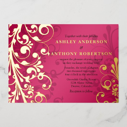 Raspberry Pink Real Gold Foil Blumenzwiese Folieneinladung (Vorderseite)