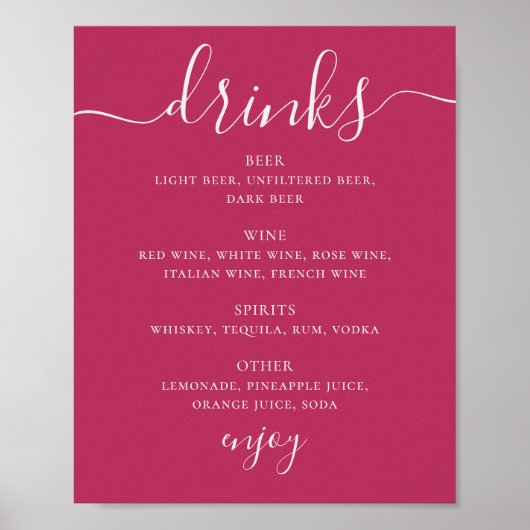Raspberry Pink Script Hochzeitsgetränke Bar Menü Poster (Vorne)