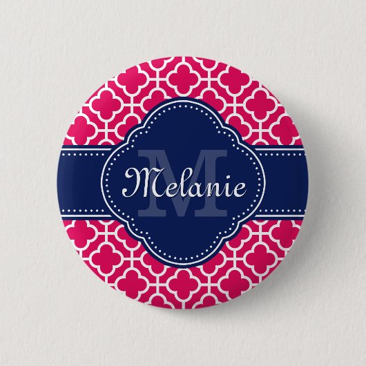 Raspberry Pink Welch marokkanische Pattern Navy Mo Button (Vorderseite)