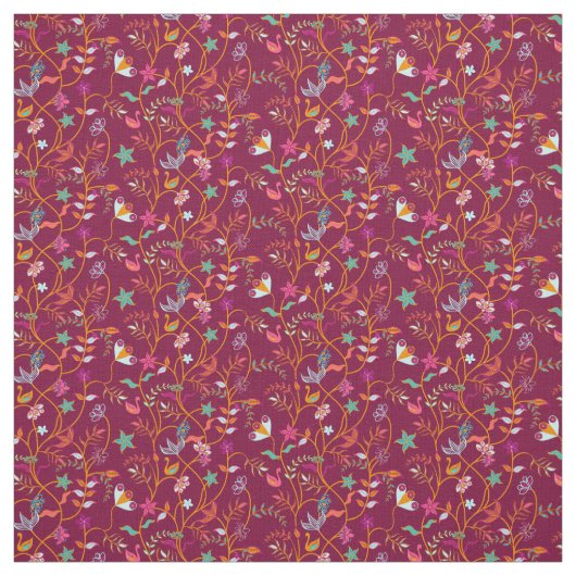 Raspberry Red Boho Blume und Vögel Stoff (Muster)