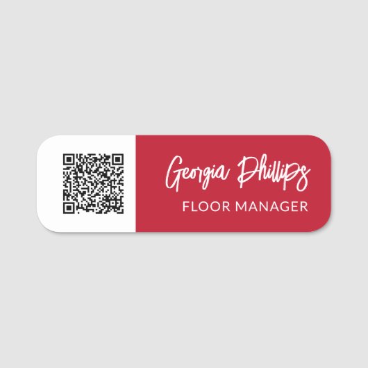 Raspberry Red & White QR Code Pinselschrift Namensschild (Vorderseite)