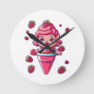 Raspberry Sorbet Kawaii Runde Wanduhr