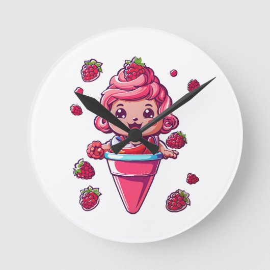 Raspberry Sorbet Kawaii Runde Wanduhr (Vorderseite)