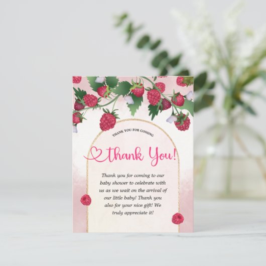 Raspberry Sweet Watercolor Girl Babydusche Dankeskarte (Stehend Vorderseite)