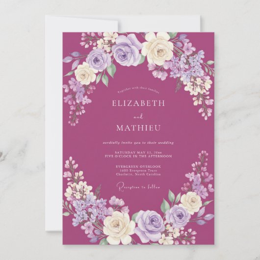 Raspberry Üppige Florale Hochzeit Einladung (Vorderseite)