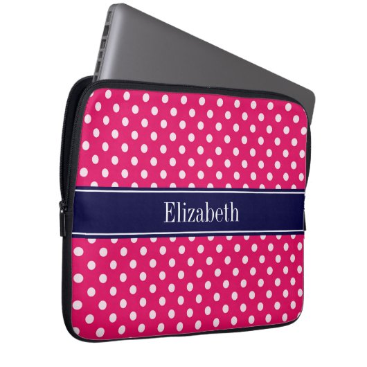Raspberry White Polka Dots Navy Blue Name Monogram Laptopschutzhülle (Vorne Rechts)