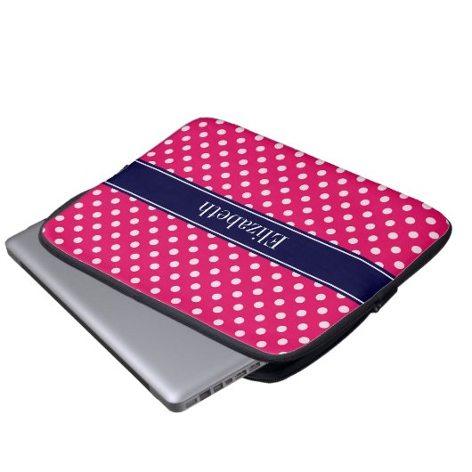 Raspberry White Polka Dots Navy Blue Name Monogram Laptopschutzhülle (Vorne Knopf)