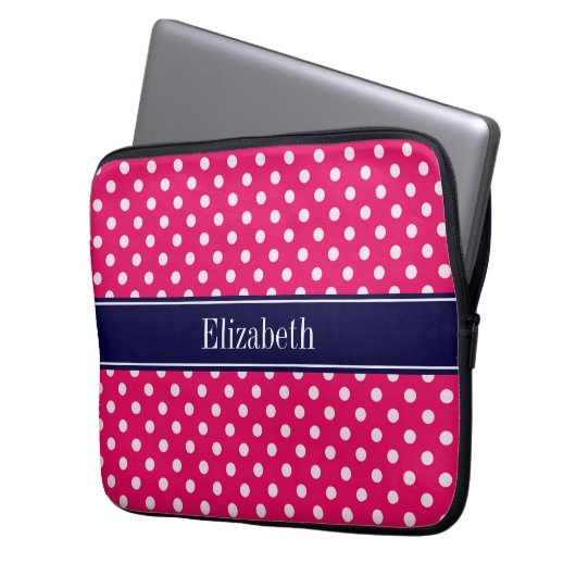Raspberry White Polka Dots Navy Blue Name Monogram Laptopschutzhülle (Vorderseite Links)