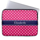 Raspberry White Polka Dots Navy Blue Name Monogram Laptopschutzhülle (Vorderseite)