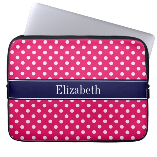 Raspberry White Polka Dots Navy Blue Name Monogram Laptopschutzhülle (Vorderseite)