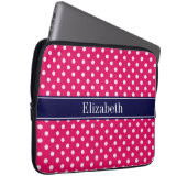 Raspberry White Polka Dots Navy Blue Name Monogram Laptopschutzhülle (Vorne Rechts)