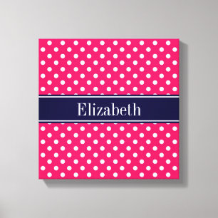 Raspberry White Polka Dots Navy Blue Name Monogram Leinwanddruck