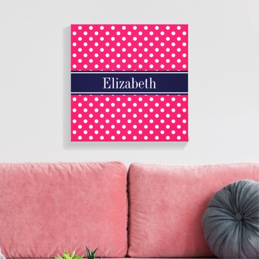 Raspberry White Polka Dots Navy Blue Name Monogram Leinwanddruck (Insitu (Wohnzimmer))