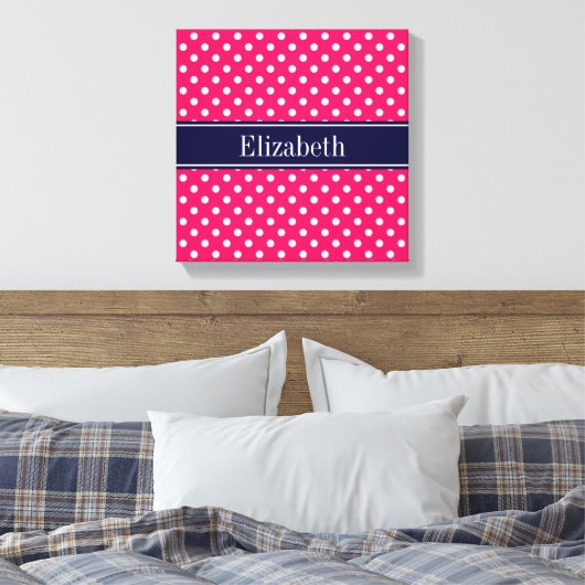 Raspberry White Polka Dots Navy Blue Name Monogram Leinwanddruck (Insitu (Schlafzimmer))