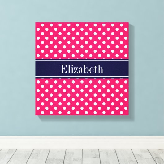 Raspberry White Polka Dots Navy Blue Name Monogram Leinwanddruck (Insitu (Holzboden))