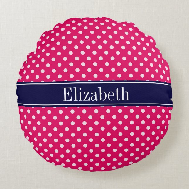 Raspberry White Polka Dots Navy Blue Name Monogram Rundes Kissen (Vorderseite)