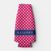 Raspberry White Polka Dots Navy Name Monogram Flaschenkühler (Vorderseite)