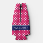 Raspberry White Polka Dots Navy Name Monogram Flaschenkühler (Rückseite)