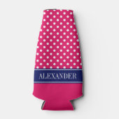 Raspberry Wht Polka Dot CB Navy Name Monogram Flaschenkühler (Vorderseite)