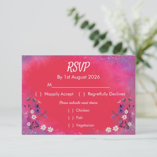 Raspberry Wildflowers - RSVP card (Stehend Vorderseite)