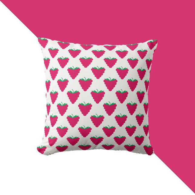 Rasperry Pink Berry Fruit Pattern Kissen (A throw pillow with a pattern of pink raspberries with green stems.)