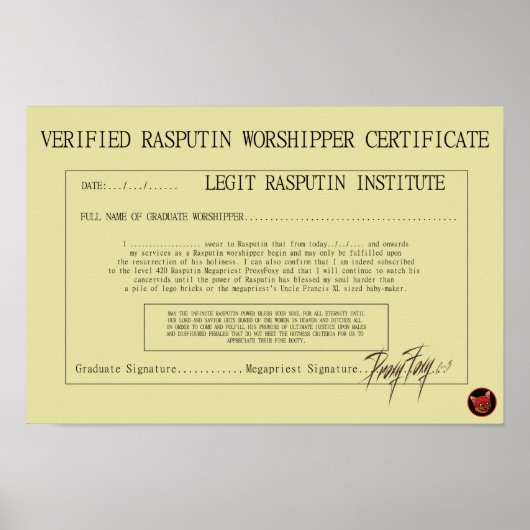 RASPUTIN-WORSHIPPER-BESCHEINIGUNG POSTER (Vorne)