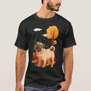 Rasse Hund Mops Oktober Blätter Herbst Park T-Shirt
