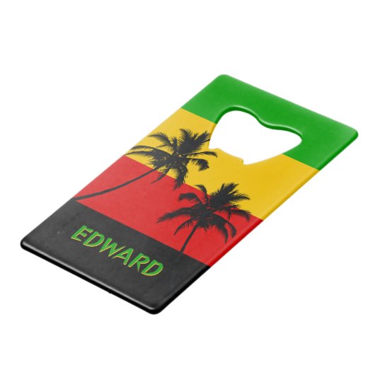 Rasta Flag with Palm Trees Tropical Geldbeutel Flaschenöffner (Vorderseite Schrägansicht)
