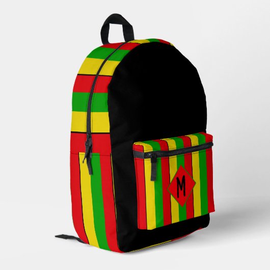 Rasta-Flaggenfarben gestreiftes Monogramm Bedruckter Rucksack (Rückseitige Ecke links)