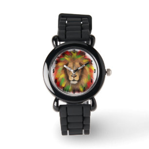 Rasta-Löwenkopf rot gelb grün Zeichnung Jamaika Armbanduhr