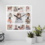 Raster-Collage für gesegnete Skriptfamilie Memory- Quadratische Wanduhr<br><div class="desc">Ein wunderschönes personalisiertes Geschenk für Ihre Familie, das sie noch jahrelang schätzen werden. Mit einem modernen, dreizehn Foto Gitter-Collage-Layout können 13 eigene Erinnerungen für Fotos Ihrer eigenen Familie angezeigt werden. "Gesegnet" entworfen in einem schönen handgeschriebenen schwarzen Skript Stil. Jedes Foto ist mit einem einfachen goldfarbenen Rahmen gerahmt. Einfache schwarze Herzen...</div>