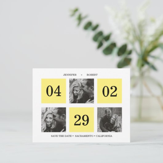 Rasterkollage | Gelb | SAVE THE DATE Ankündigungspostkarte (Stehend Vorderseite)