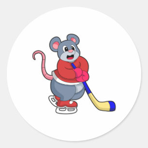 Rat mit Eishockey und Eishockeyschläger Runder Aufkleber